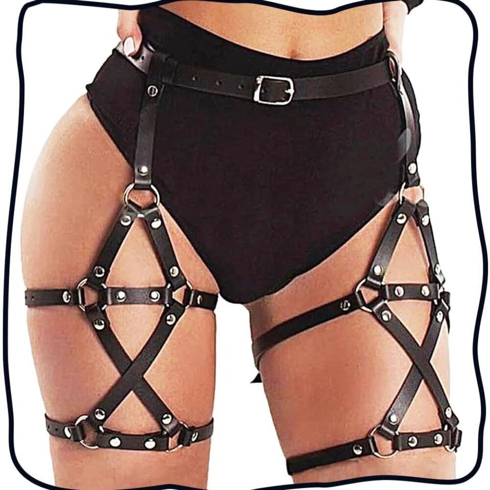 Leather Leg Harness Womens Rave Body Accessories Thigh Garter Belt Black